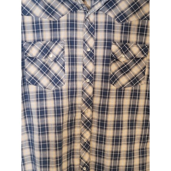 Wrangler Wrancher Pearl Snap Button Up Shirt Size XL Short Sleeve Blue Tan Plaid - Picture 5 of 5